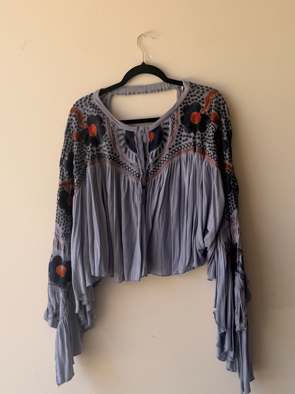 Free People Light Blue Cropped Peasant Top with Dark Blue and Rust Embroidery